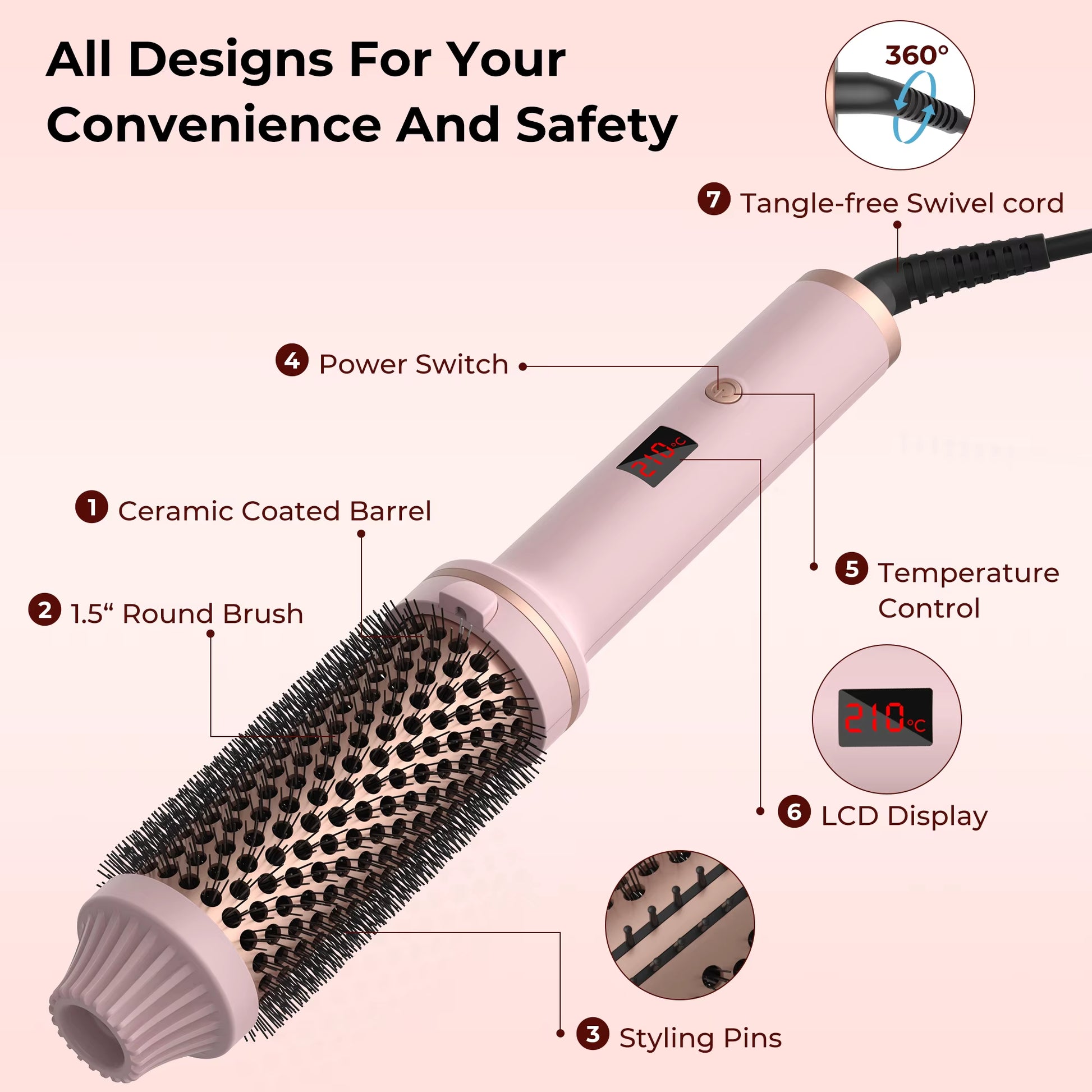 1.5-Inch Ceramic Thermal Hair Curling Brush - Electric Heated Round Brush and Hair Curler Comb